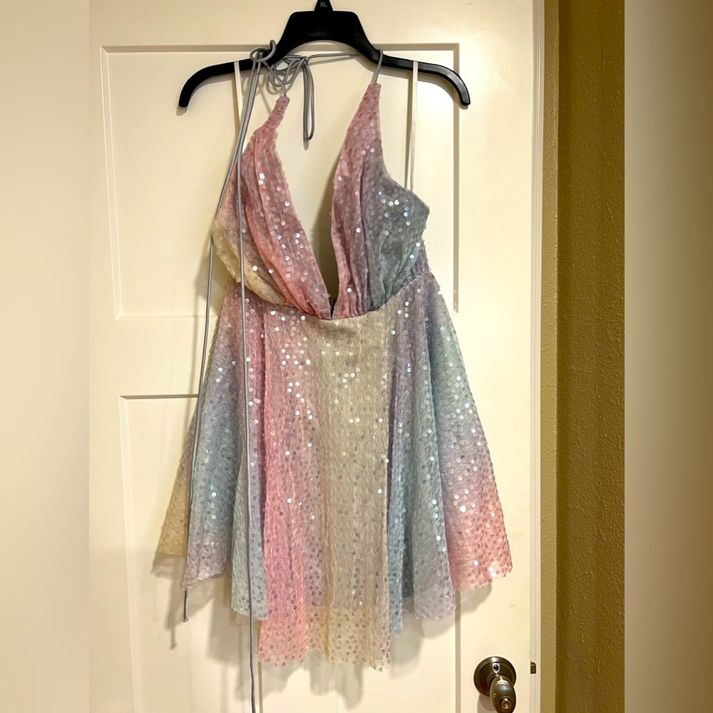 Rainbow Sequin Halter Dress Hello Molly